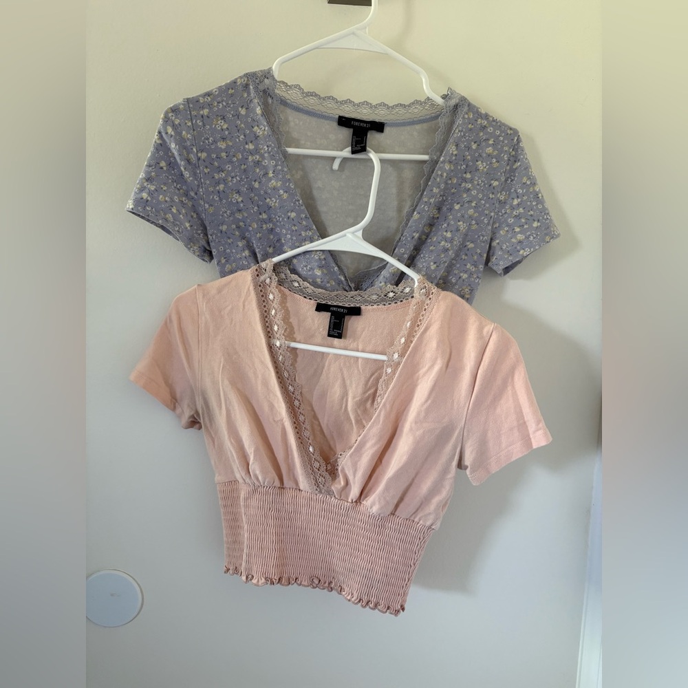 Forever 21 Peach and Purple Flower Lace Trim Crop Top Bundle